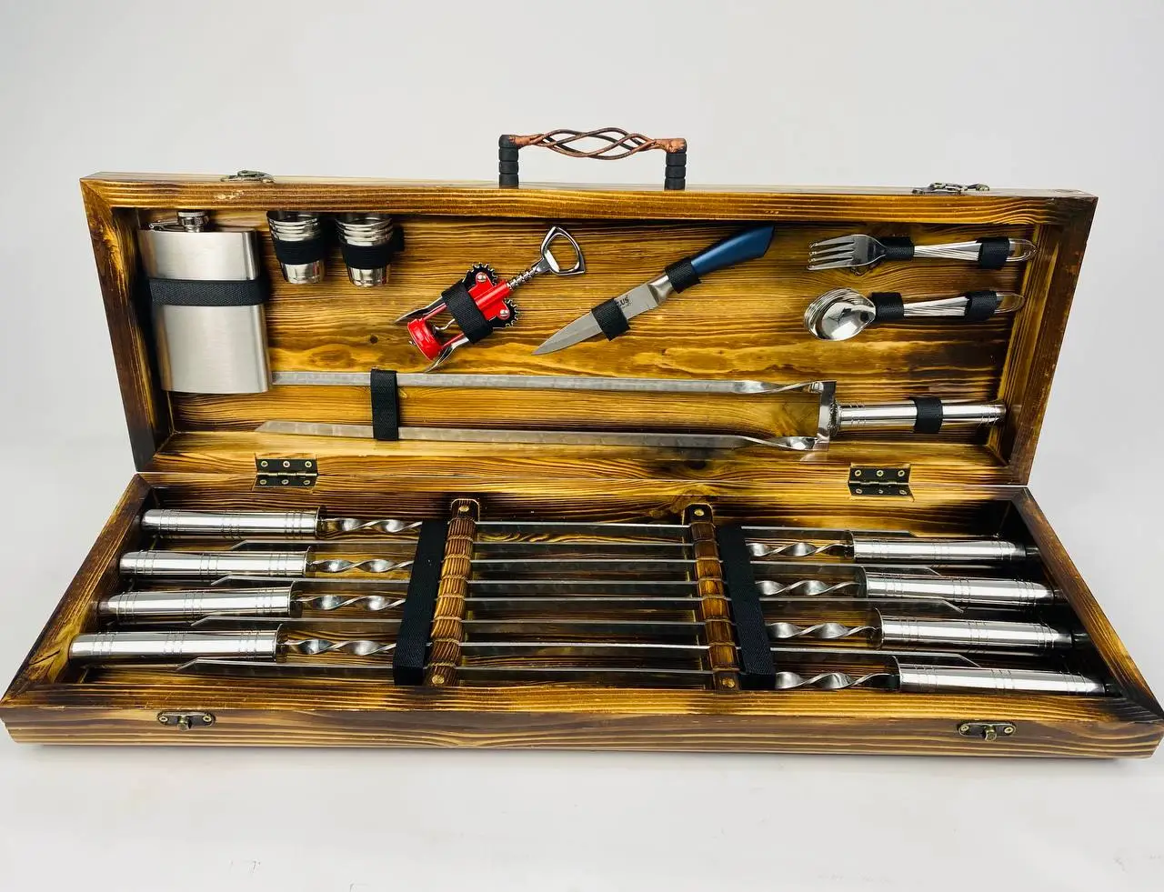 Набір шампурів у кейсі Сталевий люксовий ящик дерев'яний з нержавіючої сталі (2-10-KS-7809)