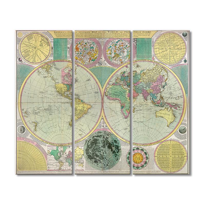 Винтажная карта Новая точная карта мира Боулза или земного шара 3 модуля 90x135 см