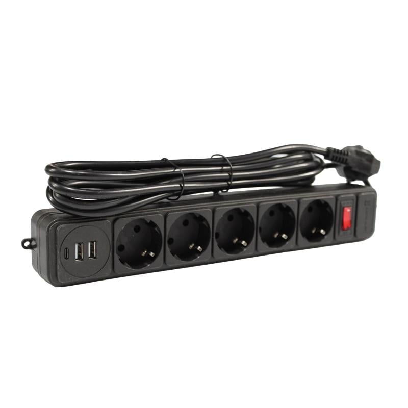 Сетевой фильтр с заземлением Electro House EH-NFBUC-5.3 5х3 м 2USB A + 1USB C Черный