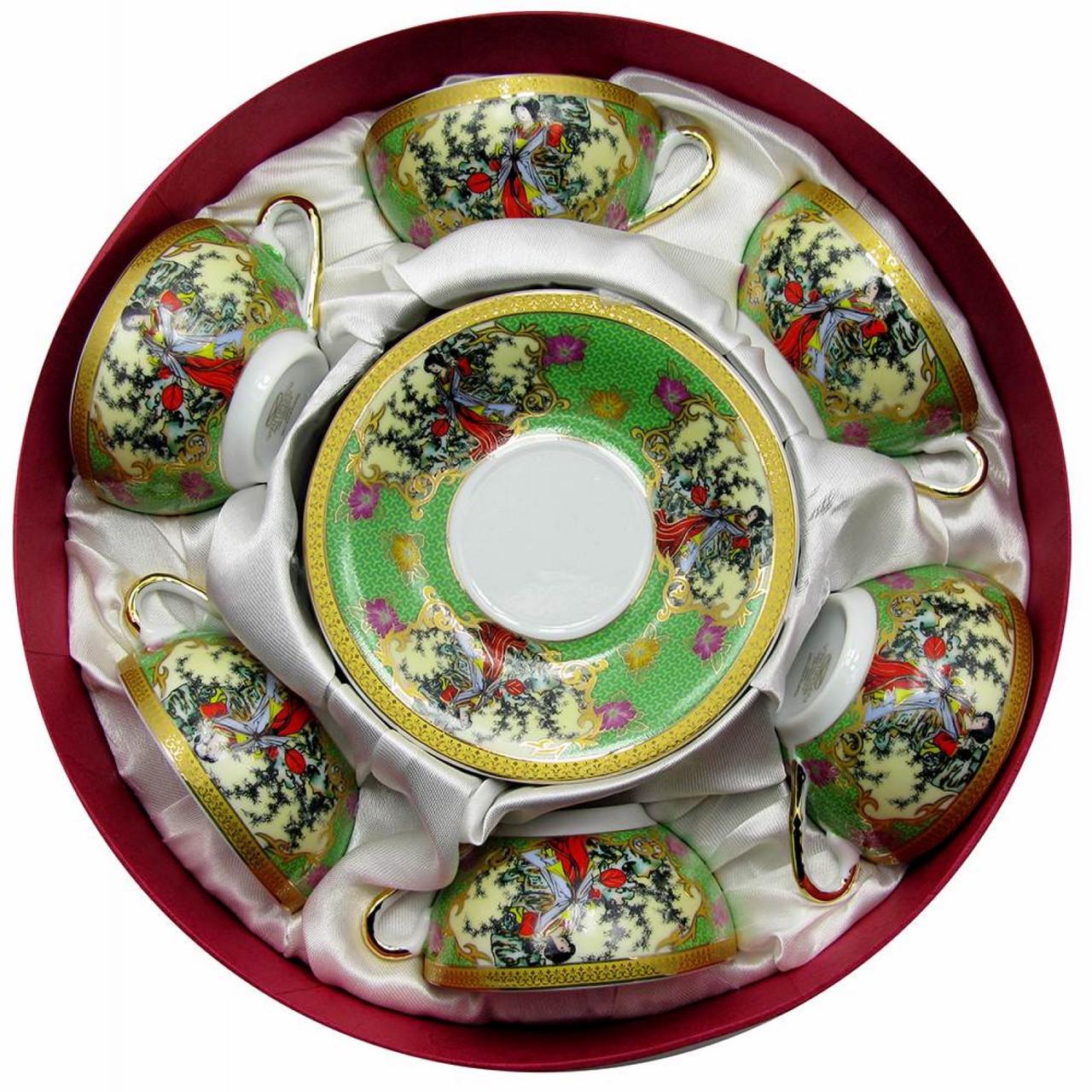 Сервіз круглий порцеляновий 6 чашок 70 мл/6 блюдець d-11 см Зелений (18975)