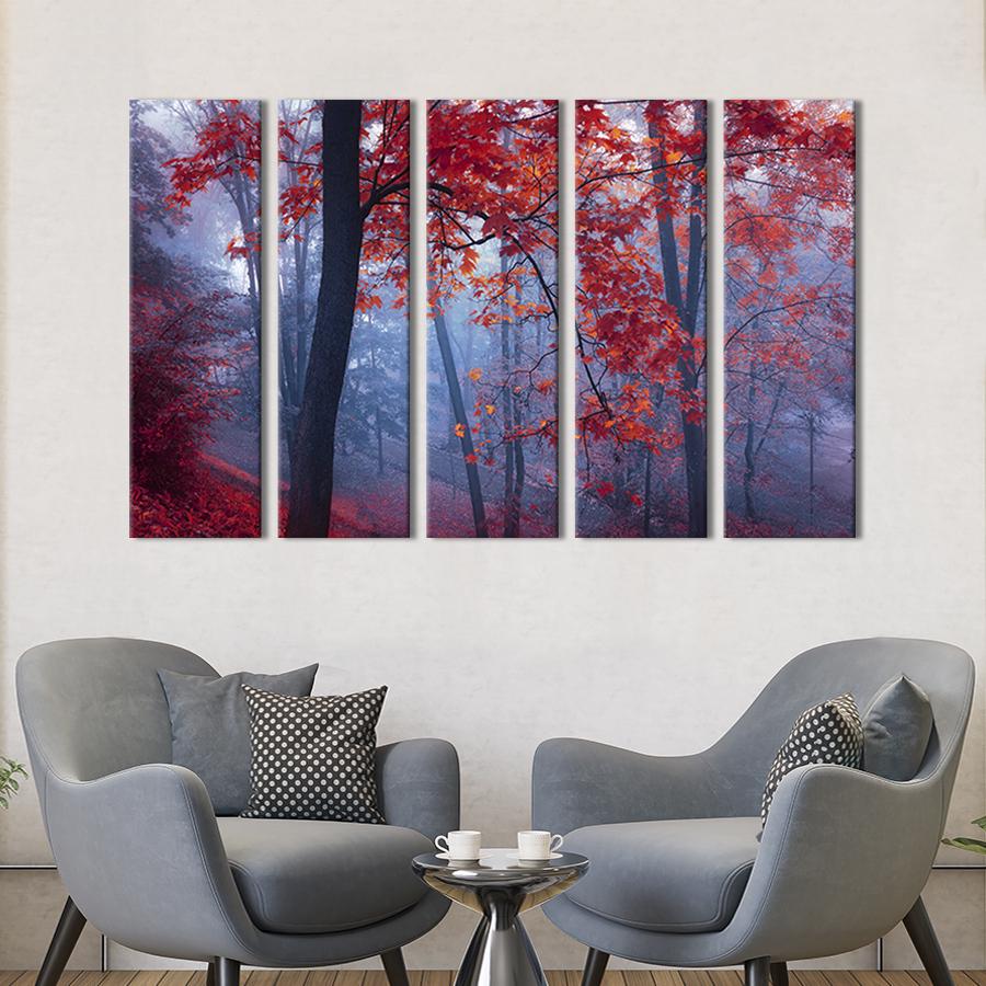 Модульна картина із 5 частин на холсті інтер'єрна картина Червона осінь у лісі 132x80 см (582-51)