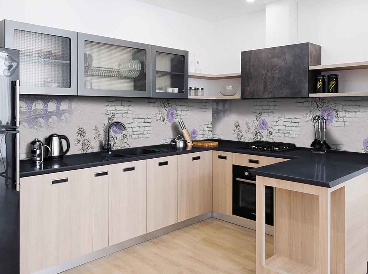 Кухонный фартук Старинные кирпичи розы из самоклеющейся виниловой пленки 60х300 см Серый