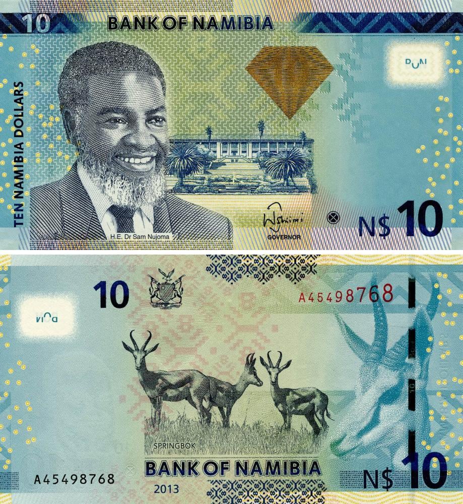Коллекционная банкнота Намибия 10 долларов 2013 UNC Антилопа Спрингбок P11b (Б03600)