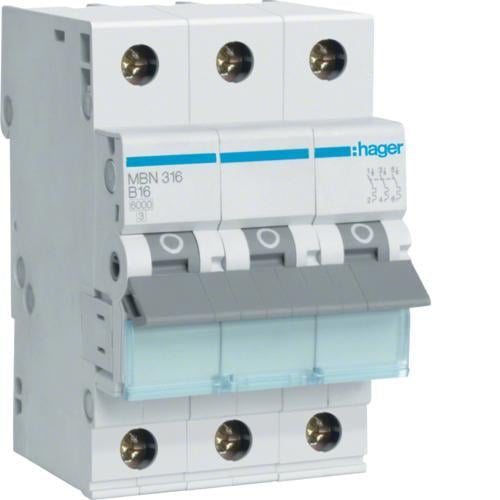 Автоматичний вимикач Hager 3P 16А 6kA B (MBN316) - фото 1