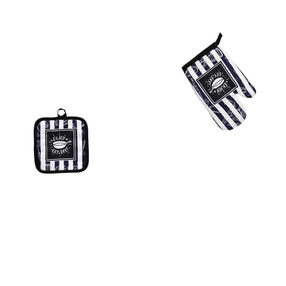 Кухонная перчатка-прихватка и полотенце Stenson Cook в линию с надписью 16х25 см и 17х17 см Белый/Черный (R32345)