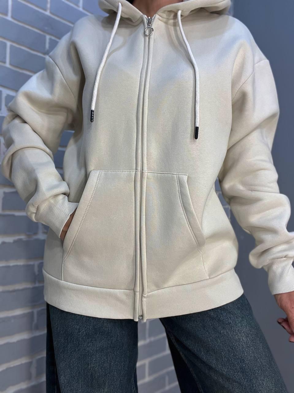 Толстовка жіноча QUZEN 482 подовжена на блискавці капюшон базова фліс утеплена OS Бежевий (984) - фото 2
