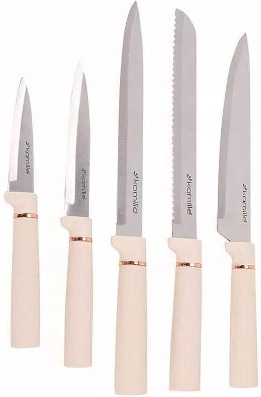 Набор кухонных ножей Kamille с подставкой-бревном 5 шт. Beige/Rose