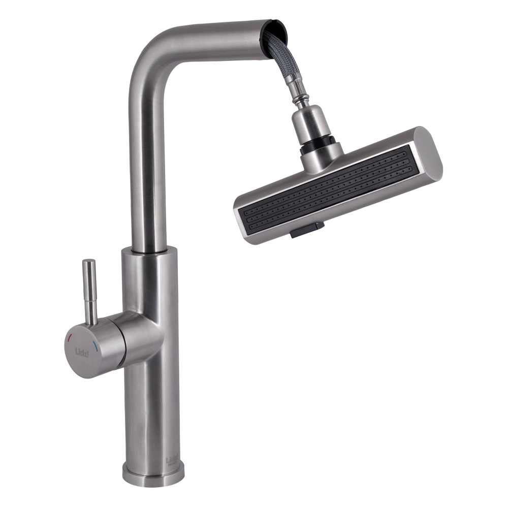 Смеситель для кухни Lidz Aria 015FLT с выдвижным мультифункциональным изливом-лейкой Nickel