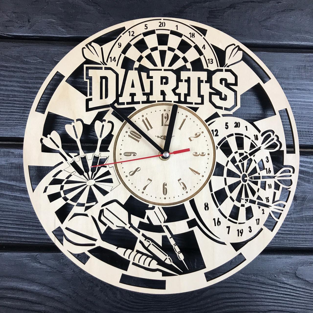 Часы дизайнерские настенные деревянные Дартс