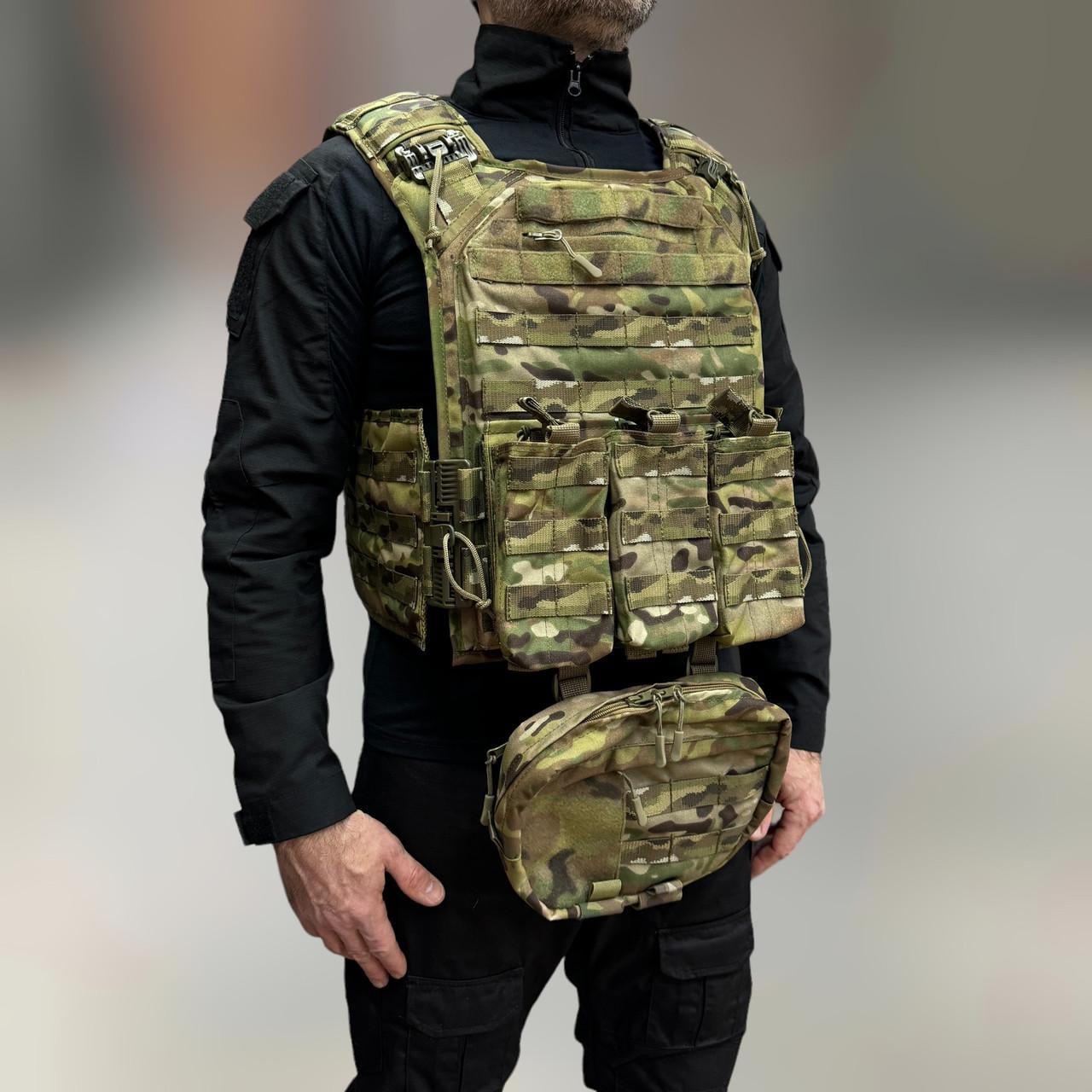 Плитоноска с подсумками и напашником MOLLE Cordura 1000D двойной быстрый сброс с камербандами Мультикам (243781)