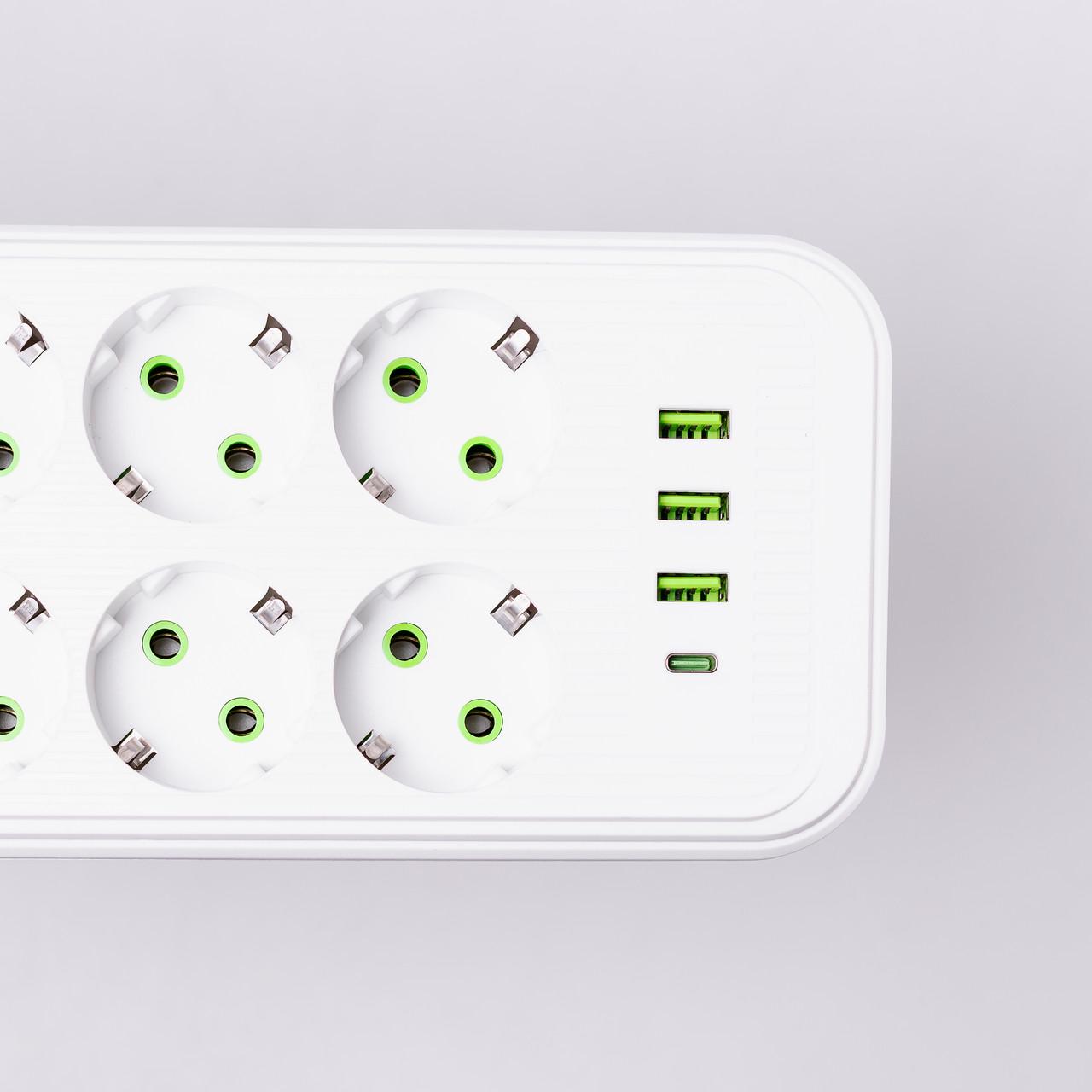 Удлинитель на 8 розеток с 3 USB 1 Type-C и кнопкой отключения F20U 2,8 м Белый (HP-5-27) - фото 5