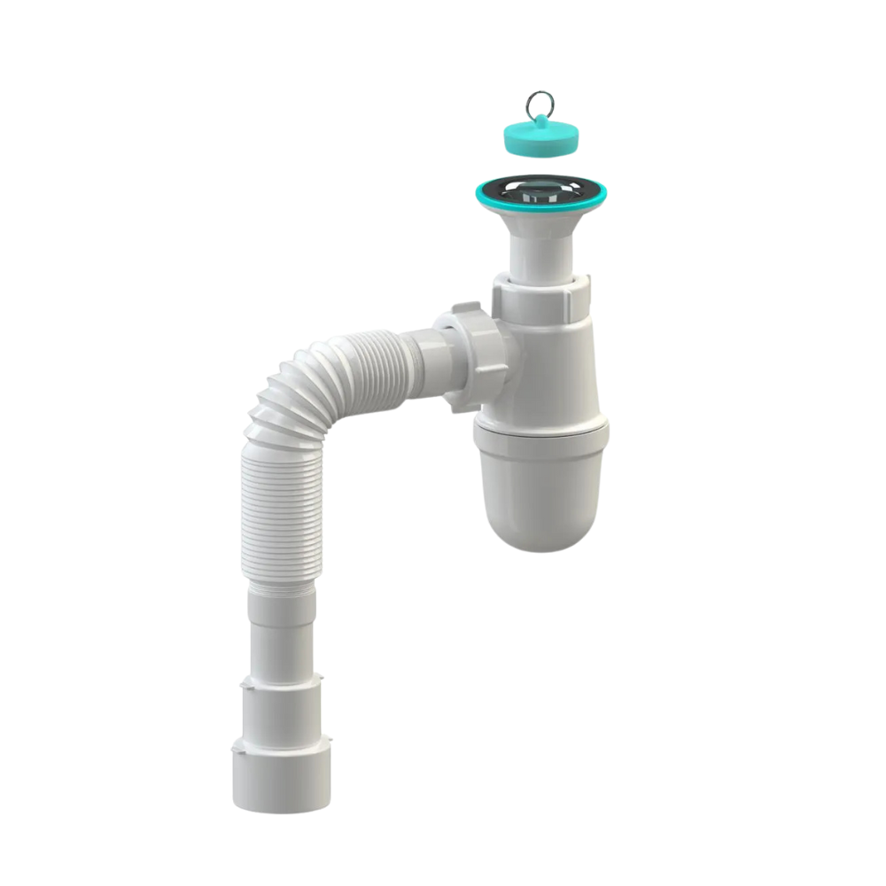 Сифон для умывальника и раковины SoloPlast Т0115 с гибкой трубой 600 мм/сетка 60 мм/универсальное подключение 32/40/50 мм (28144626)