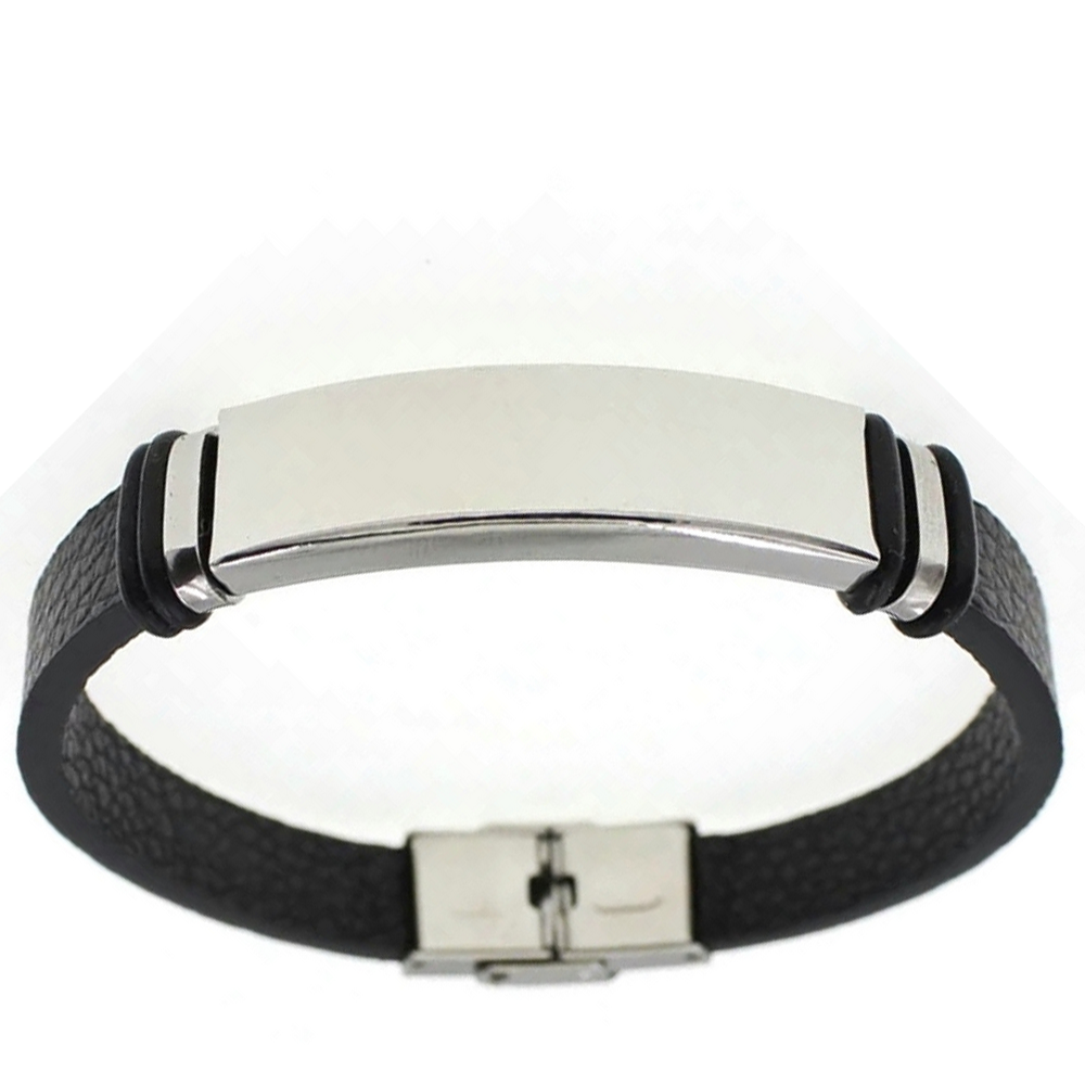 Браслет під Ваш напис на пластині ювелірна сталь з ремінцем екошкіра 19 см Сріблястий/Чорний (74836734)