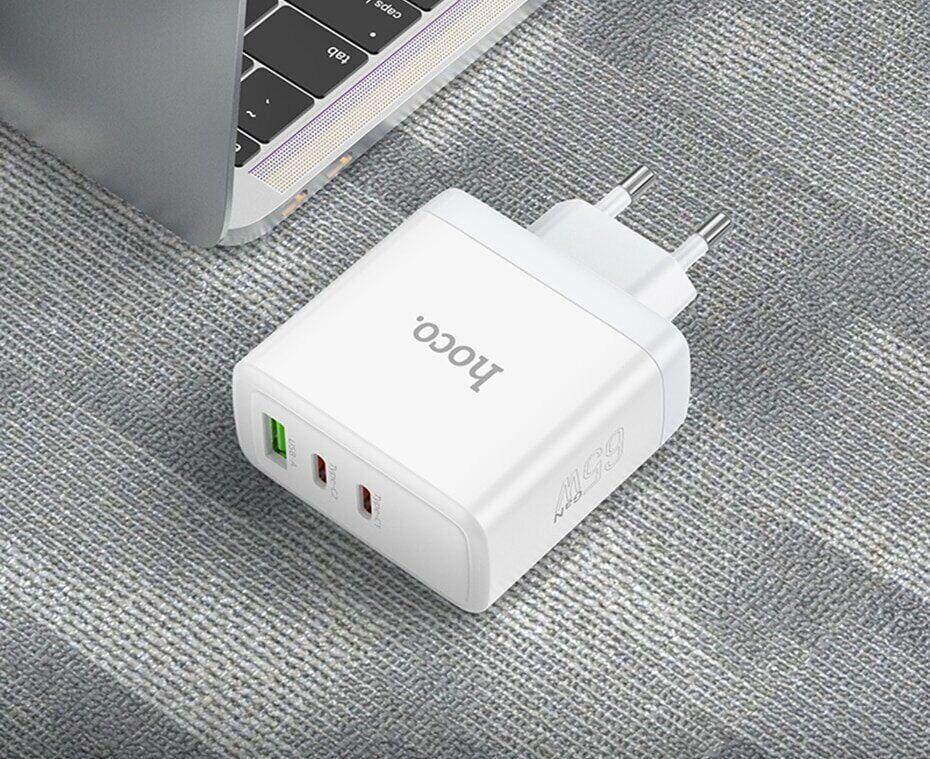 Сетевое зарядное устройство Hoco N30 Glory PD65W с кабелем Type-С 2USB-C с быстрой зарядкой QC3.0 Белый - фото 3