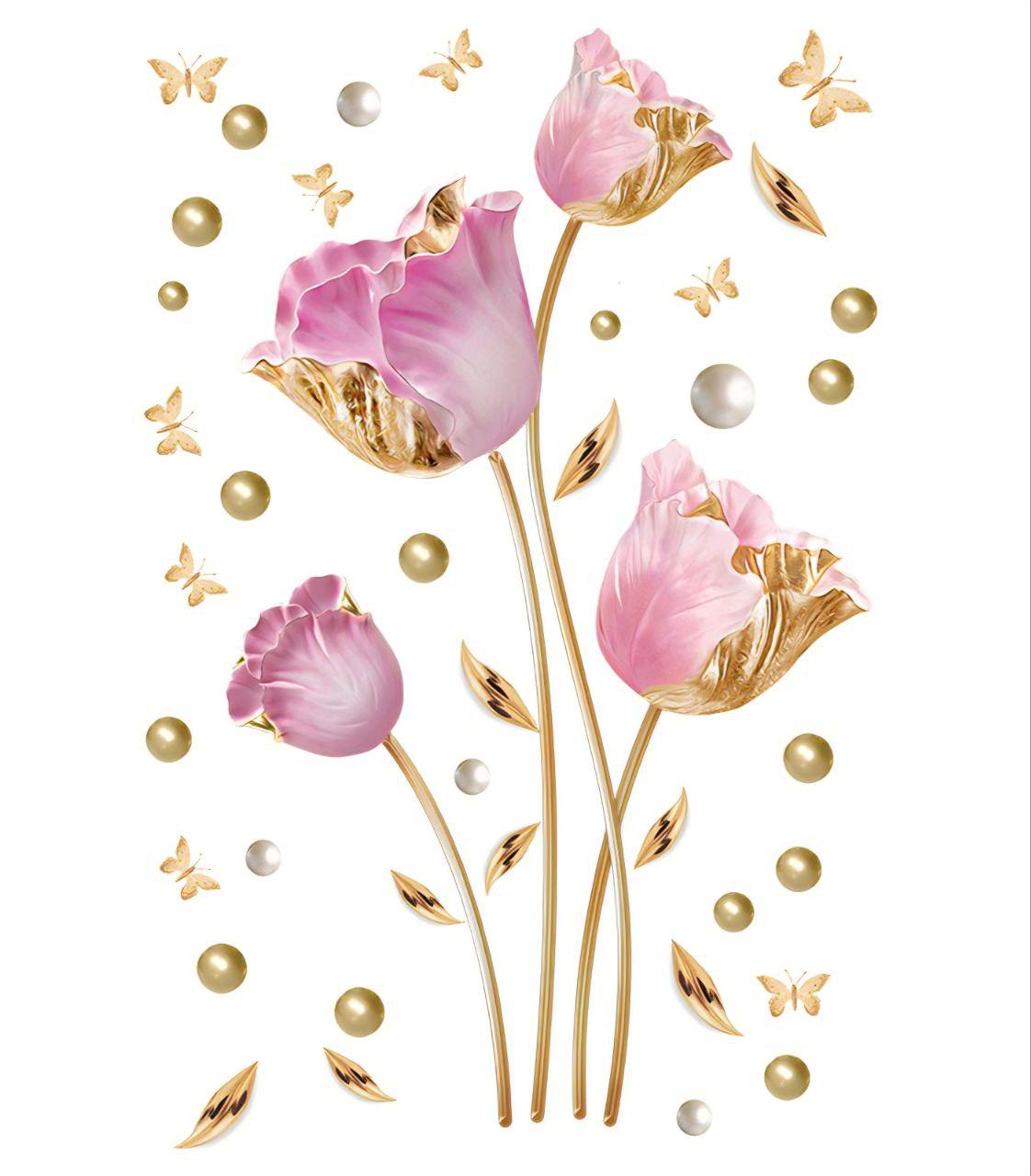 Декоративная наклейка на стену Цветы и бабочки 110х72 см Розово-золотой (9014)