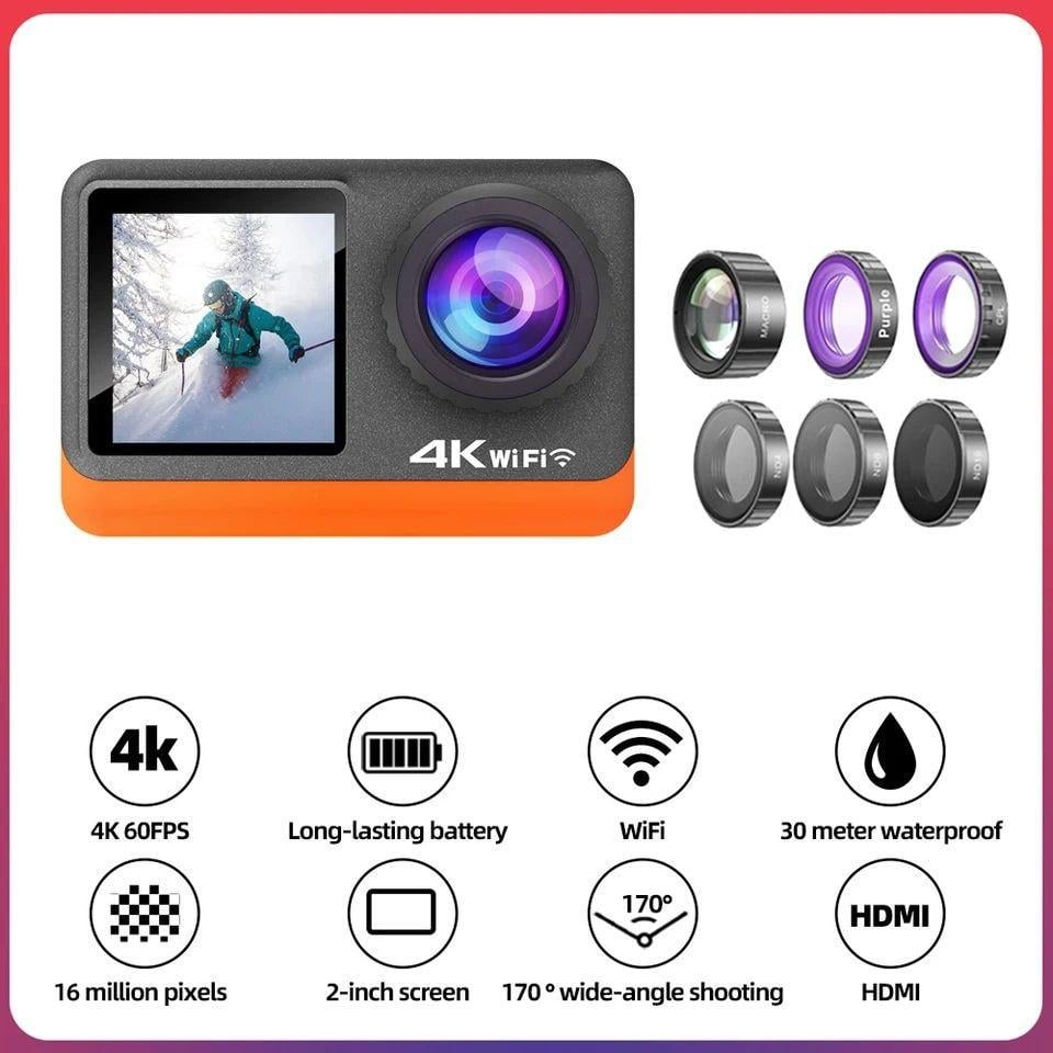 Экшн камера с двойным экраном и сенсором 4К 60fps с картой 64 Гб и кейсом (1928667018) - фото 9