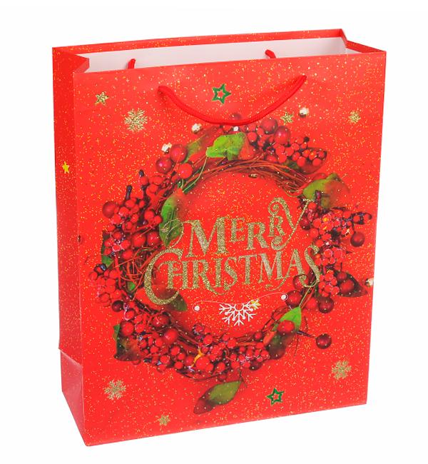 Новогодний пакет Christmas wreath 18x24x85 см ламинированный картон Красный