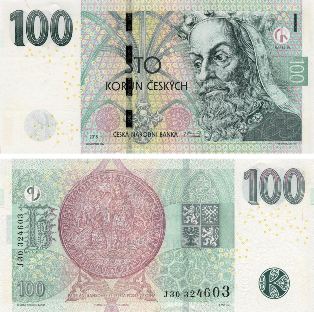 Коллекционная банкнота Чехия 100 крон 2018 UNC P18 Карл IV (Б10642)
