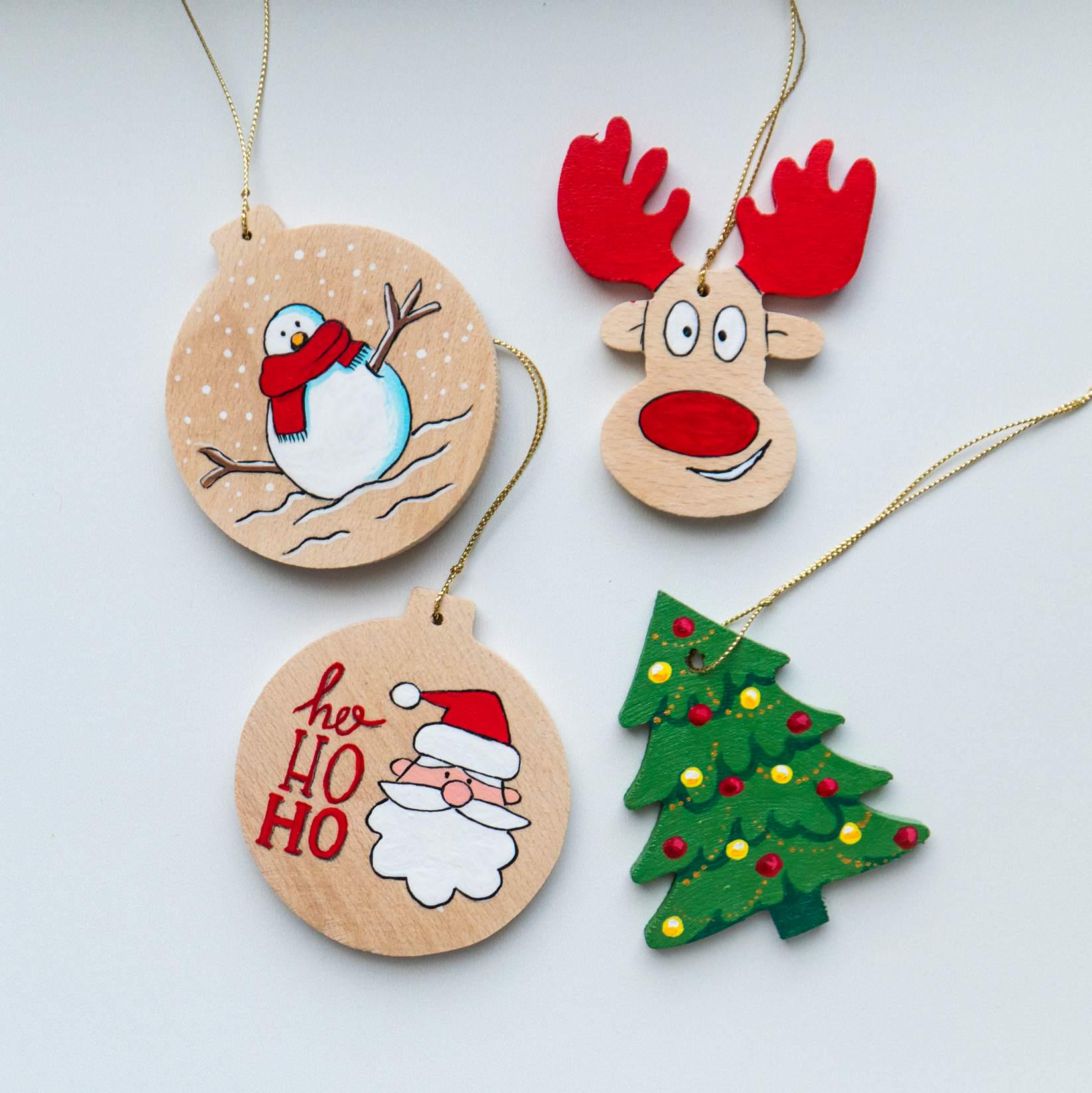 Набор деревянных новогодних игрушек на ёлку ручной работы 4 шт. (yan-4-7)