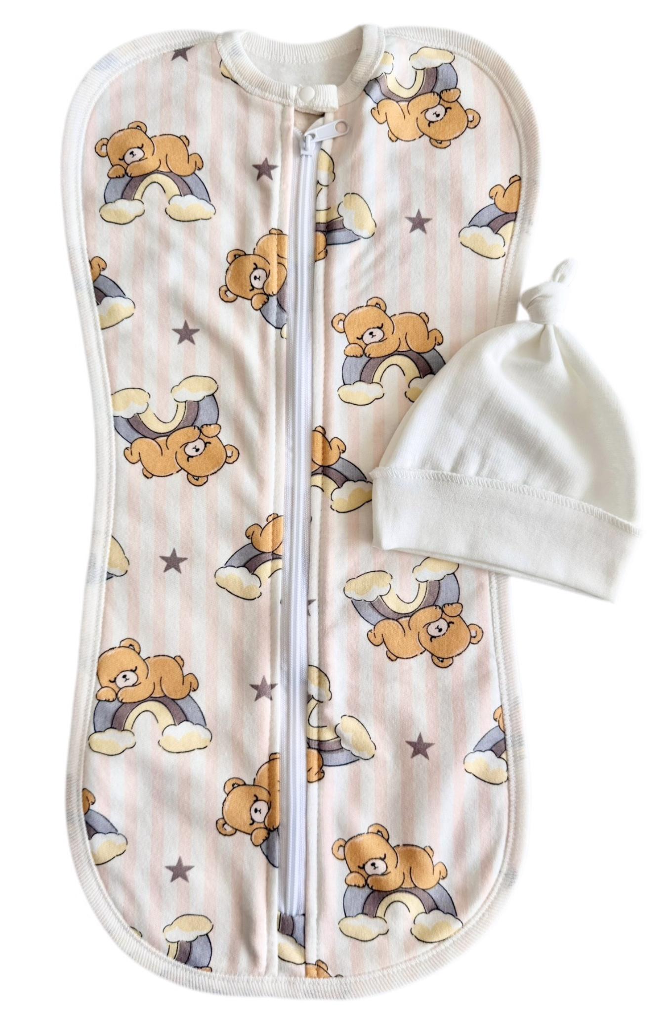 Пеленка-кокон на молнии с шапочкой №114 Медвежонок на радуге евро байка 0-6 мес. (144063)