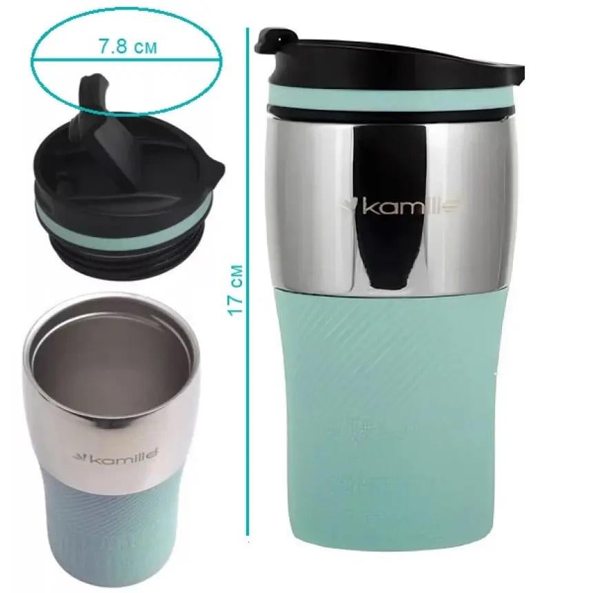 Термокухоль із силіконовою TPR-вставкою Kamille KM-2155 із нержавіючої сталі 320 мл Сталевий/Ментоловий (150-84-2155.2) - фото 4 Термокухоль із силіконовою TPR-вставкою Kamille KM-2155 із нержавіючої сталі 320 мл Сталевий/Ментоловий (150-84-2155.2) - фото 4