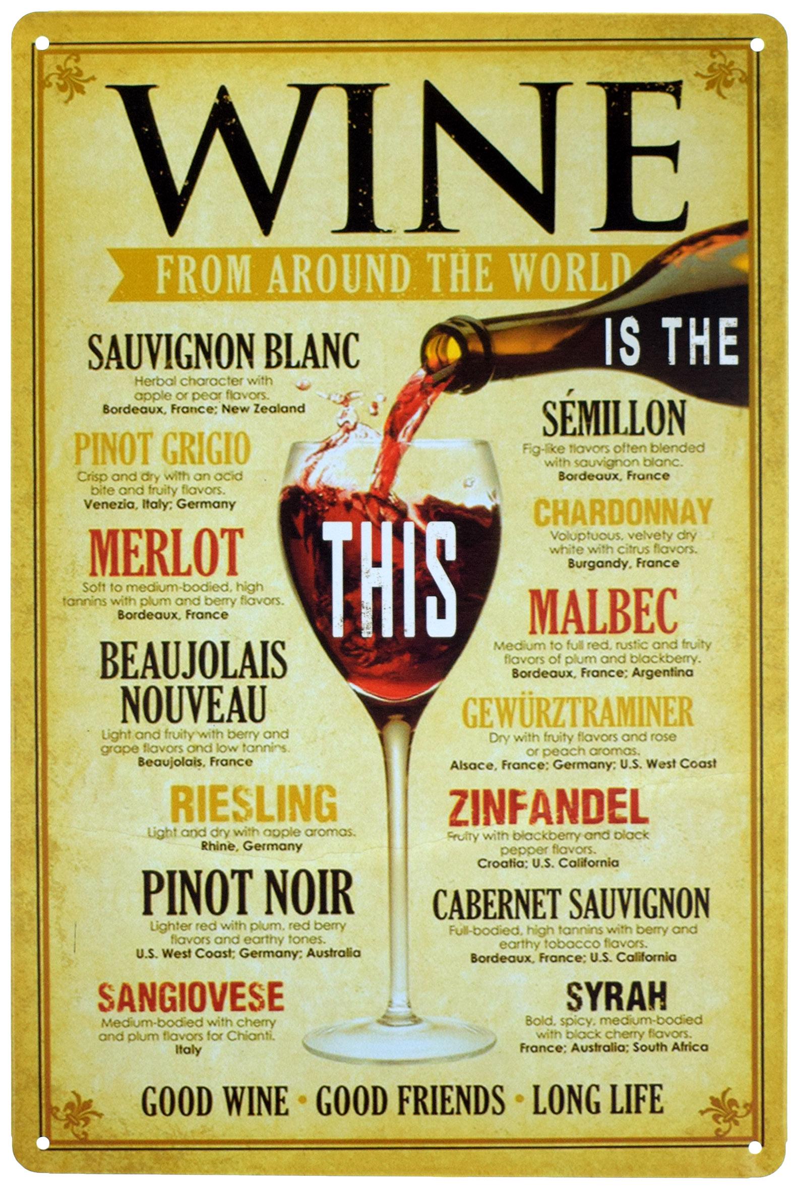 Табличка металлическая Wine From Around The World Good Wine Good Friends Long Life 20x30 см