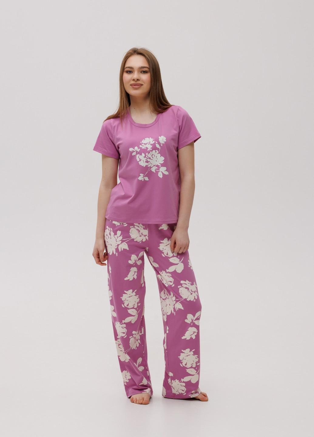 Піжама жіноча бавовняна Наталюкс з брюками та квітковим принтом M Крокус (4826446311531)