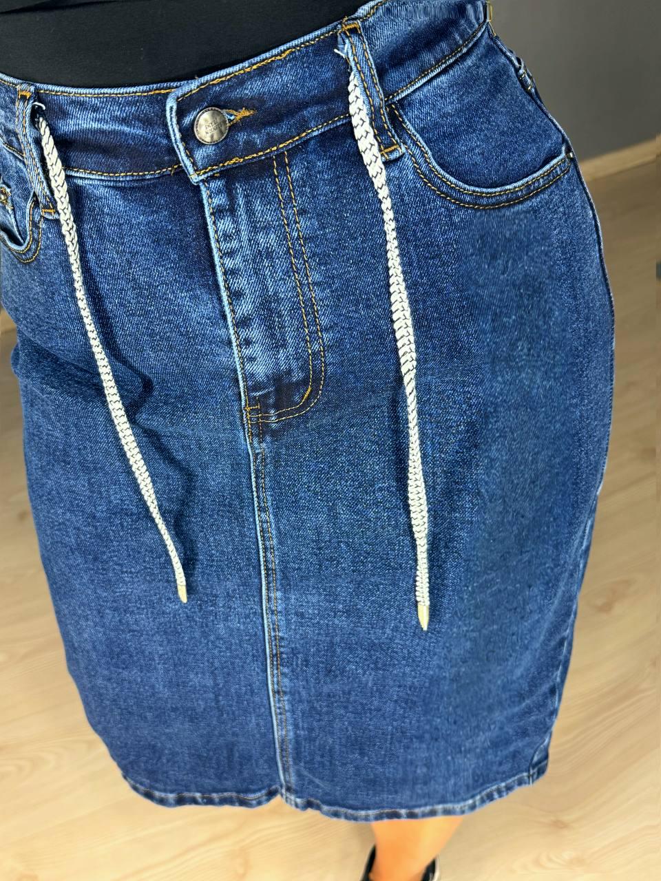 Юбка женская джинсовая Vanver 8237 резинка шнурок с разрезом вареная миди р. 34 Синий (4781) - фото 5