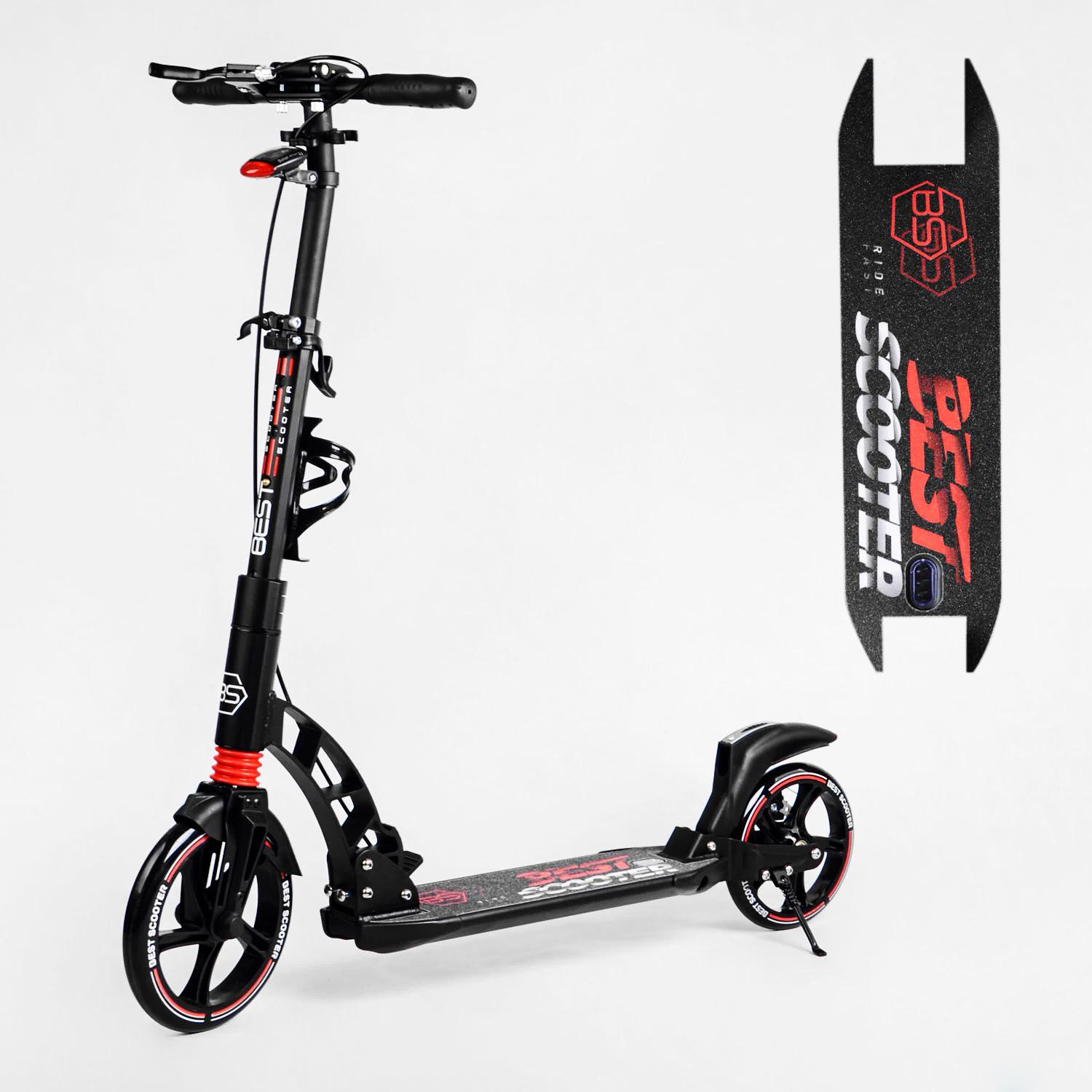 Самокат двухколесный складной Best Scooter фонарик 2 амортизатора дисковый тормоз Black/Red (114292) - фото 2