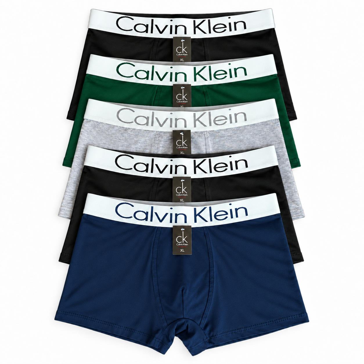 Комплект мужских боксеров в стиле Calvin Klein ХL с белым поясом 5 шт. Черный/темно-зеленый/Серый/Темно-синий (CK03-5-01)