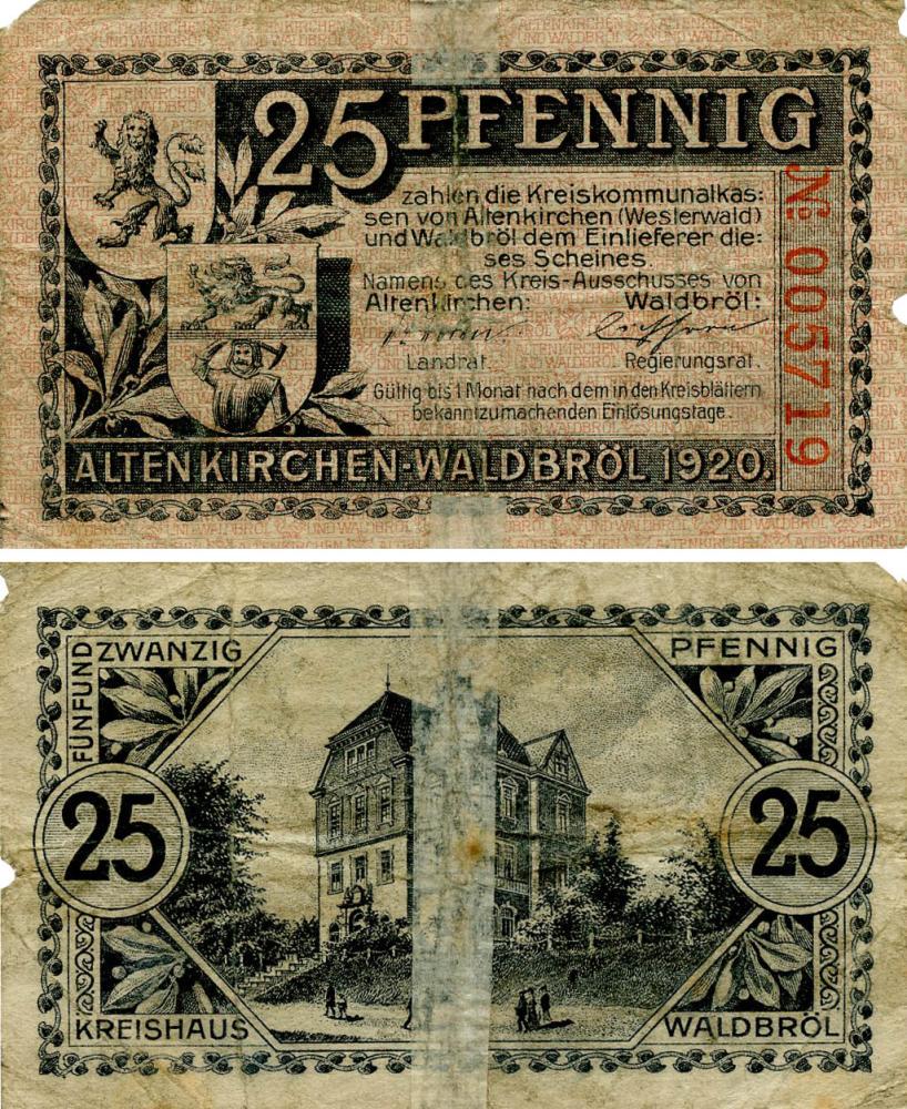 Коллекционная банкнота Германия Нотгельд 25 пфеннигов 1920 F-VF Альтенкирхен (Б18540)
