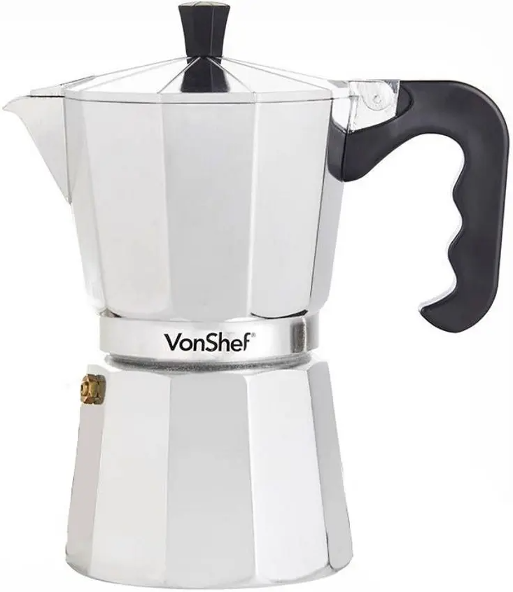 Кофеварка гейзерная для молотого кофе VonShef 1000140 мокка для плиты алюминиевая Серебристо-черный (2896243596)