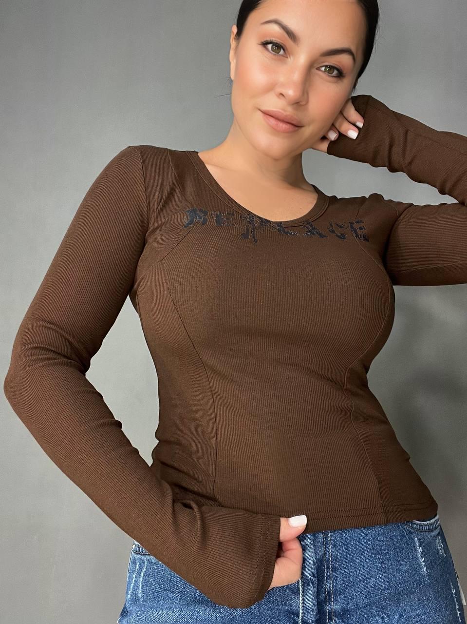 Лонгслів жіночий A-N 25079 рубчик реглан v-виріз корсетні шви OS Коричневий (3453) - фото 3 Лонгслів жіночий A-N 25079 рубчик реглан v-виріз корсетні шви OS Коричневий (3453) - фото 3