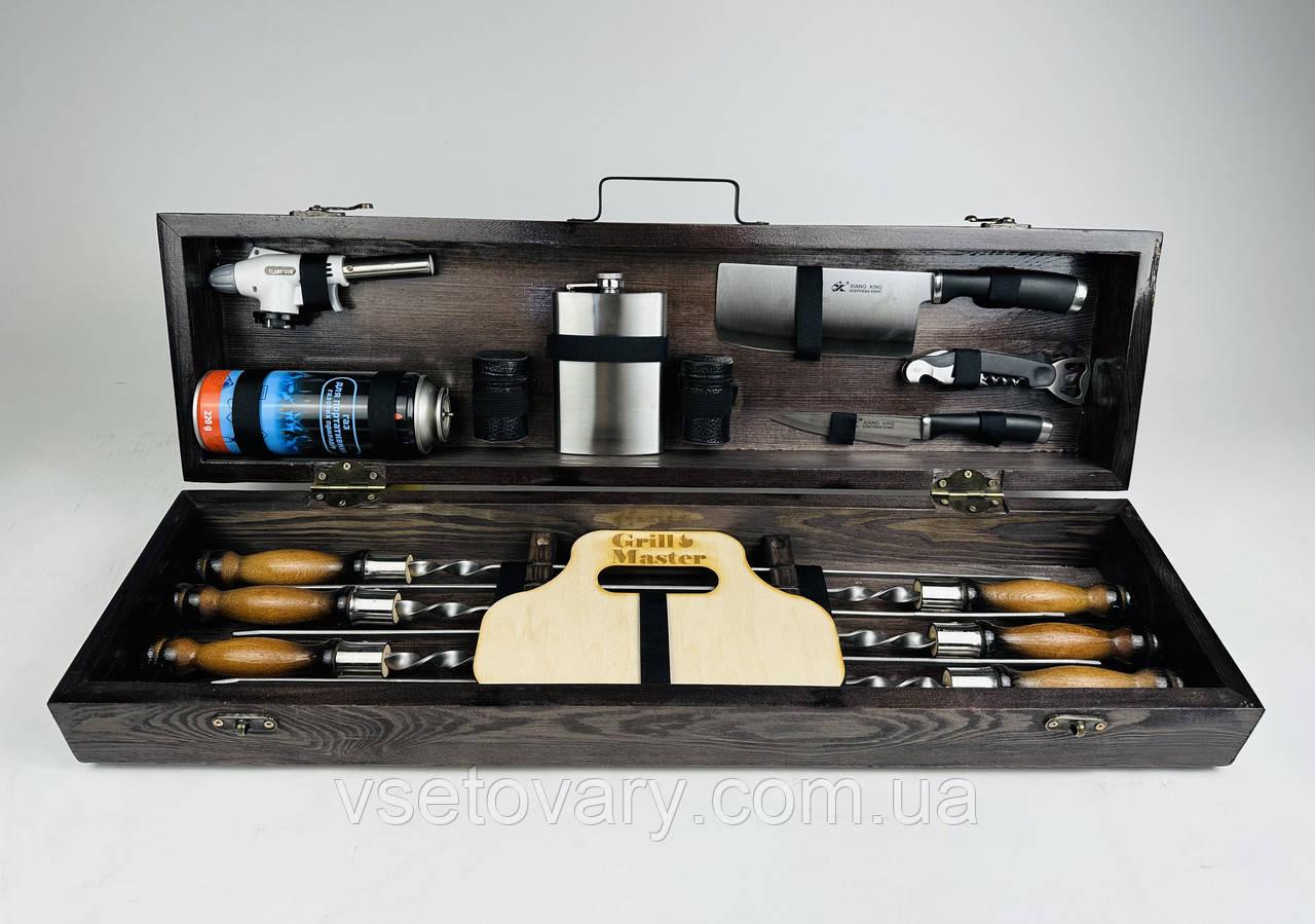 Подарочный набор шампуров и аксессуаров Кемпинг Мини из нержавеющей стали в кейсе на 19 предметов Коричневый (147-10-KS-7708)