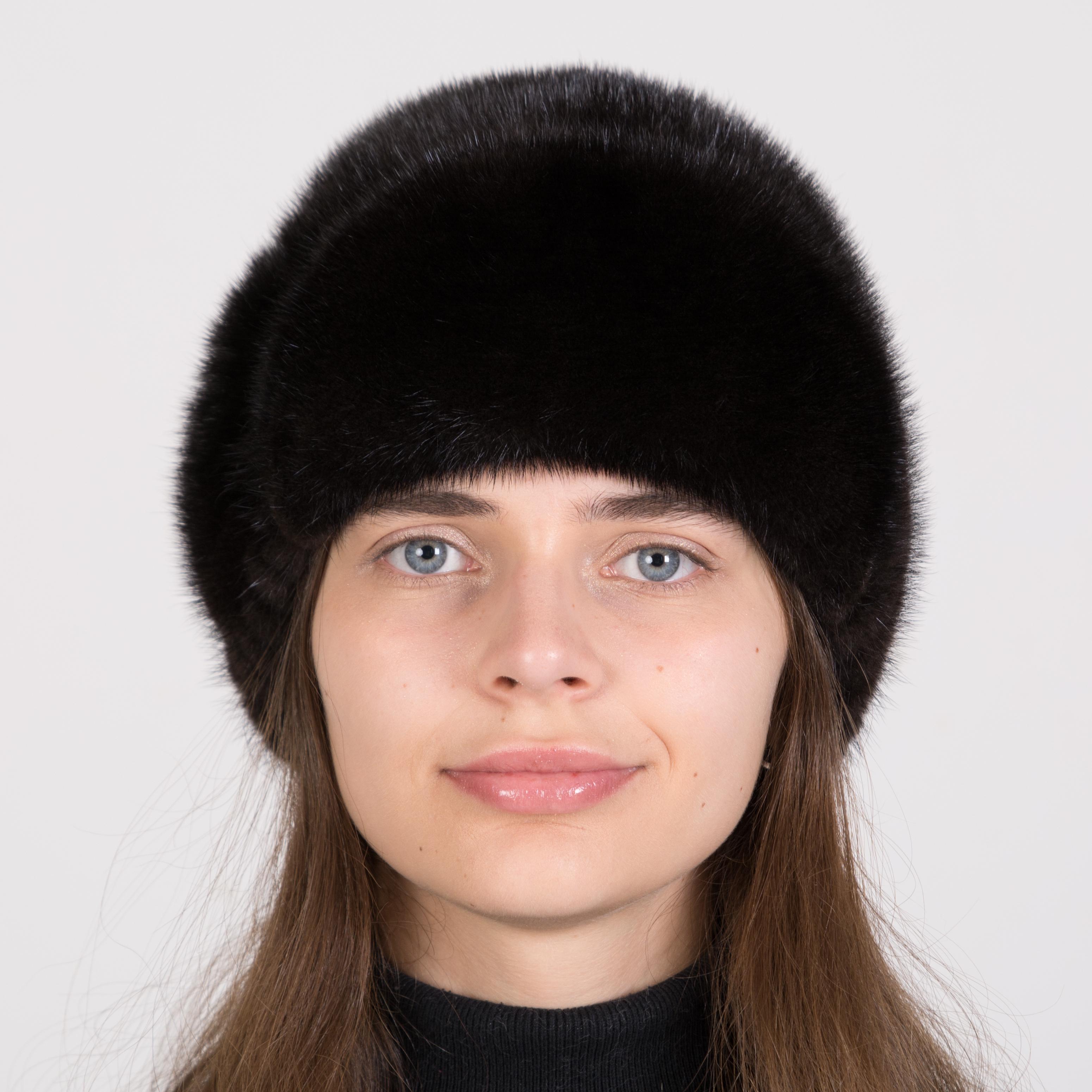 Шапка зимняя женская Меховой стиль Лобик из вязаной натуральной норки XL-XXL Темно-коричневый (132/E)