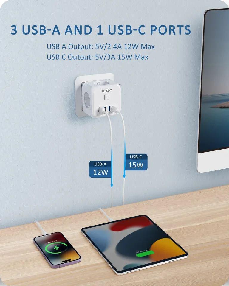 Сетевой фильтр разветвитель тройник 3EU розетки с выключателем USB-C + 4USB-A Lencent PowerCube 4000W/16A Белый - фото 4 Сетевой фильтр разветвитель тройник 3EU розетки с выключателем USB-C + 4USB-A Lencent PowerCube 4000W/16A Белый - фото 4