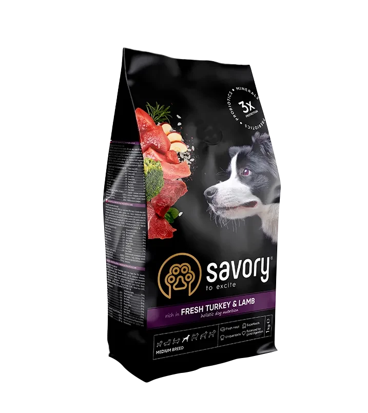 Сухой корм для собак средних пород Savory 1 кг индейка и ягненок
