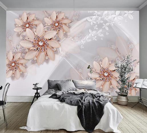Фотообои 3D флизелиновые цветочные для спальни/зала/кухни Бежевые цветы в серой гамме