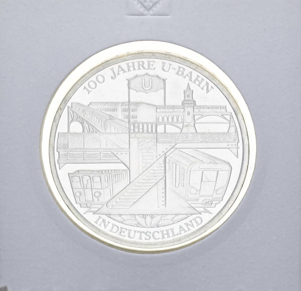 Коллекционная монета Германия 10 евро 2002 100 лет немецкому метро Серебро UNC (М10875)