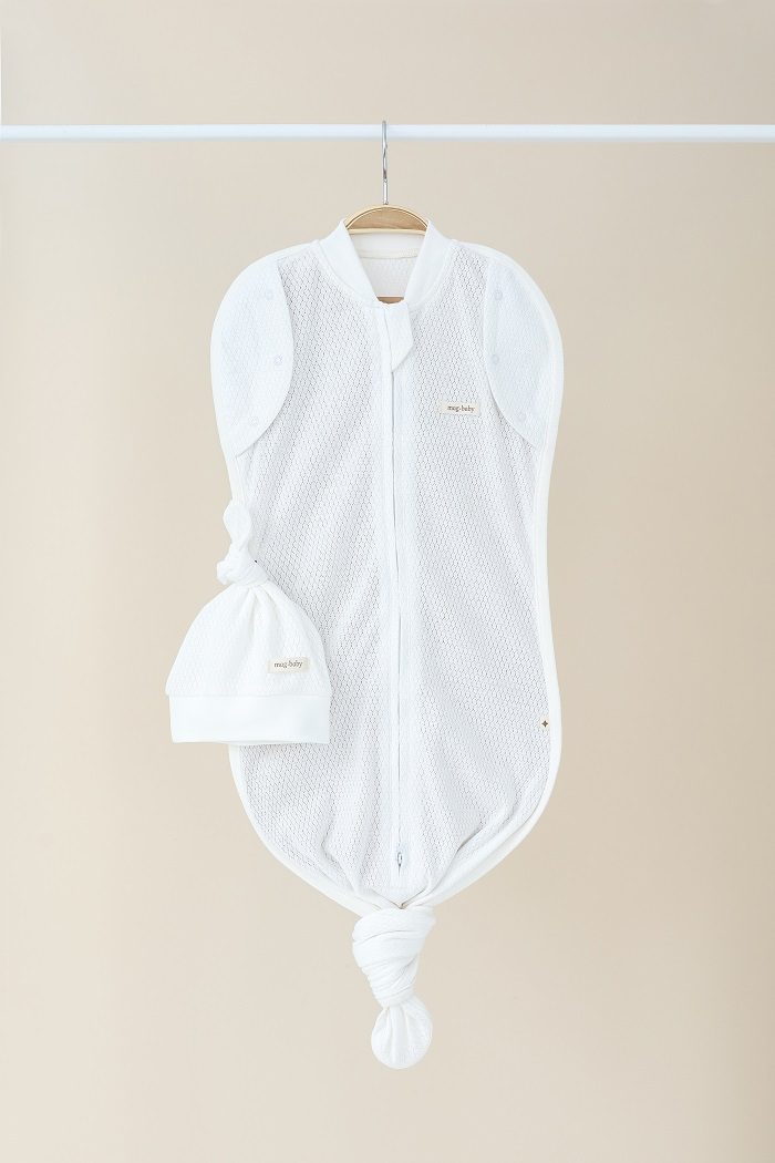 Пеленка-кокон детская с шапочкой Каспер летняя перфорированная универсальная на молнии 0-9 мес. 1 м Молочный (MG178)