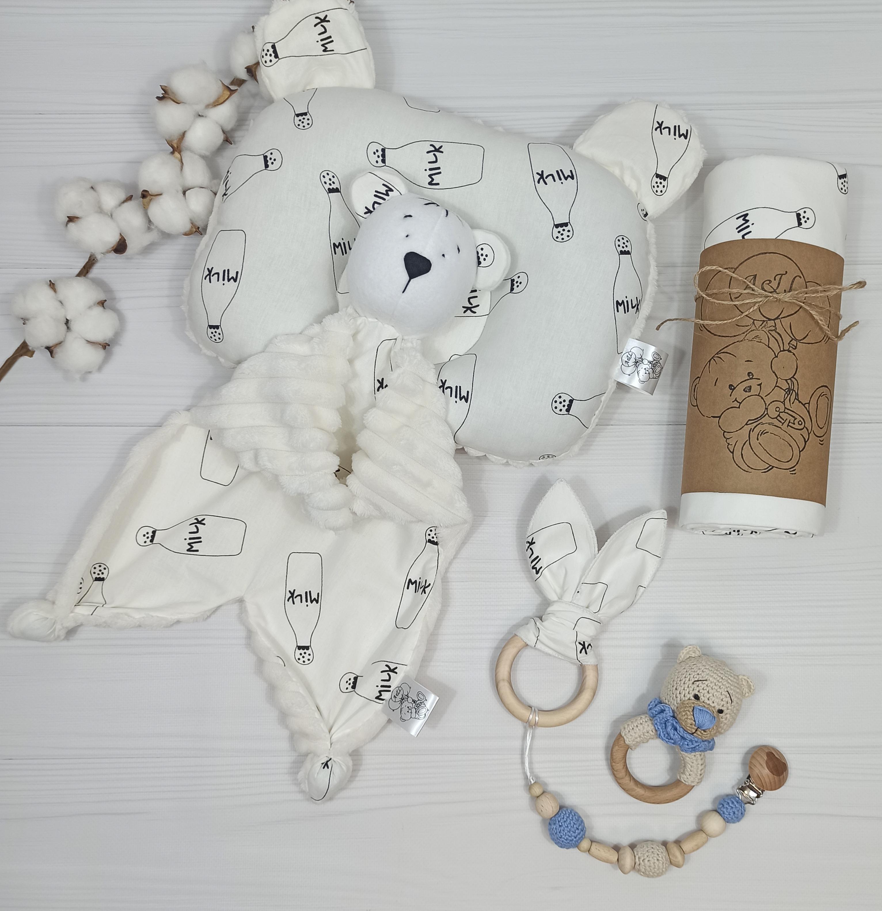 Подарочный набор albabybox Милк пеленка/подушка/комфортер/грызунец/держатель для пустышек Бело-черный (NA 18206032)