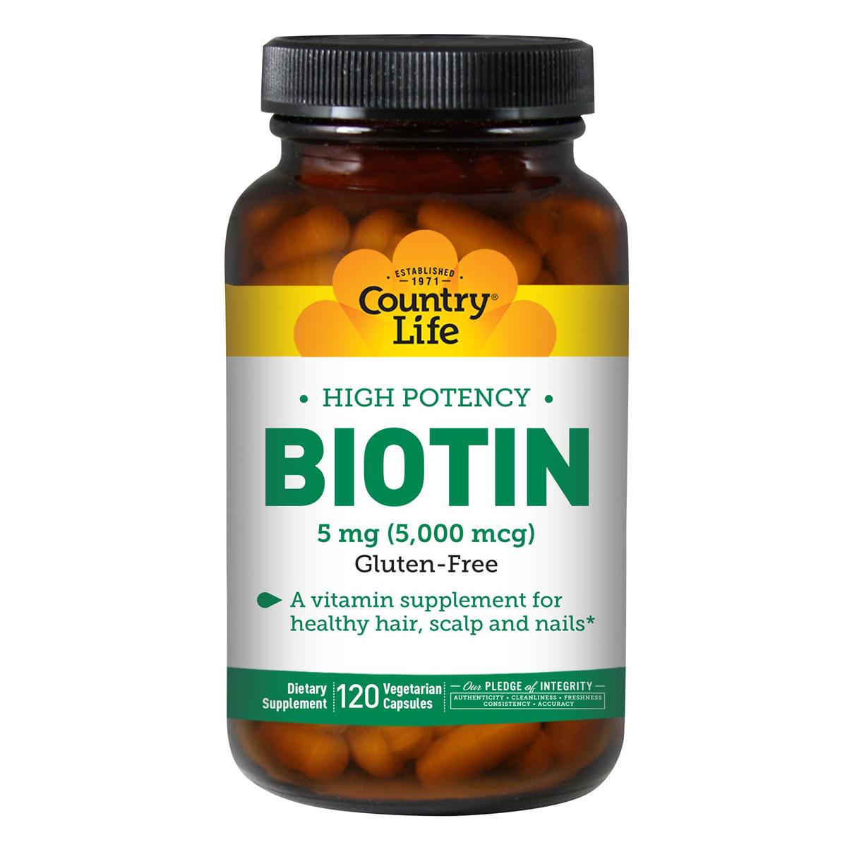 Биотин в7 концентрированный Country Life high potency biotin 5 мг 120 желатиновых капсул - фото 1