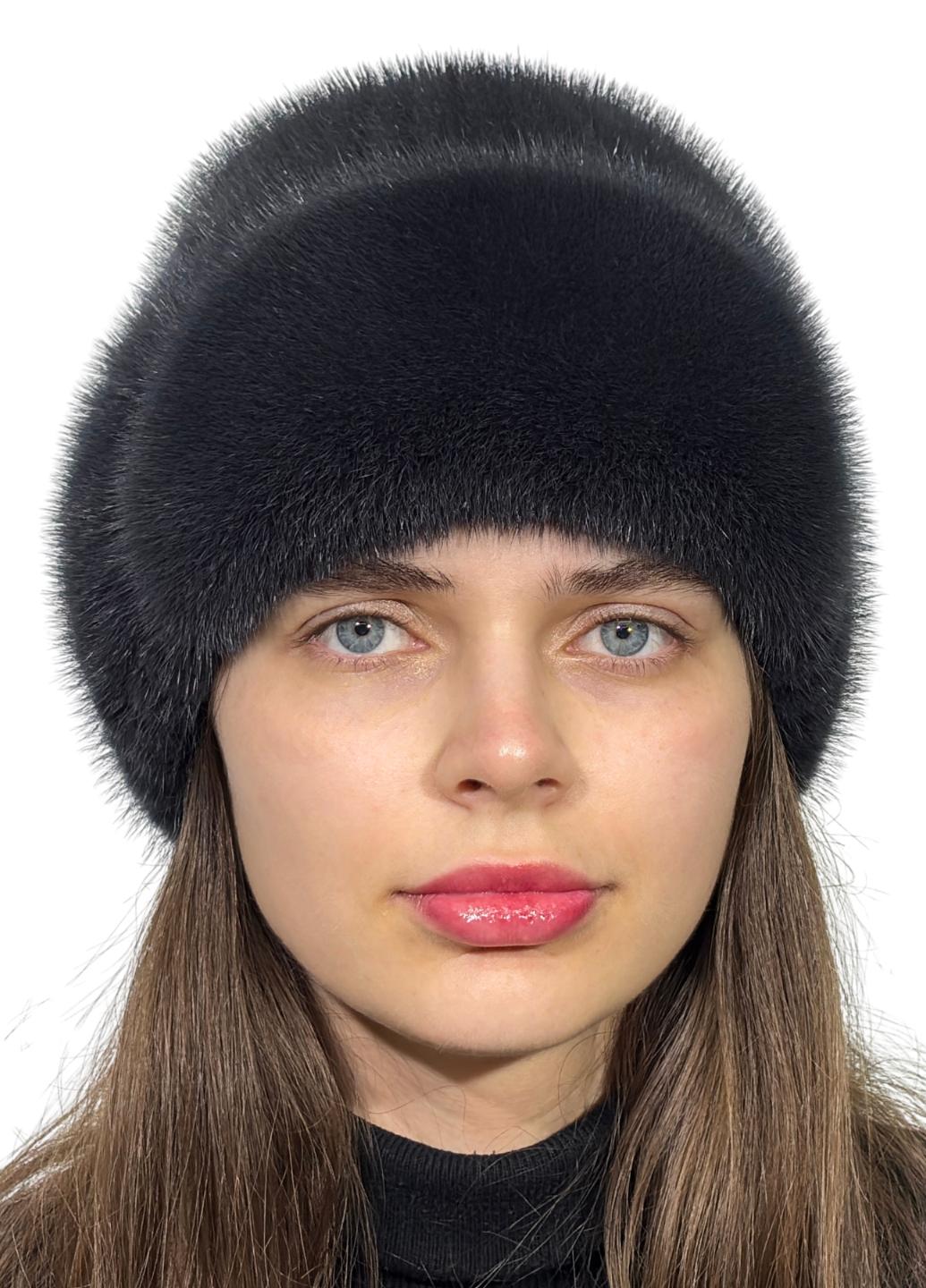 Зимняя женская шапка Меховой стиль Лобик из вязаной натуральной норки Баклажан (132/S)