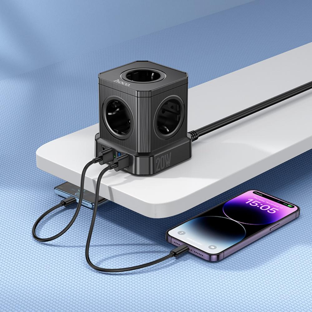 Aильтр cетевой Hoco NS8 5x220V 3хUSB 1хType-C PD20W 4000W 2 м удлинитель с кнопкой выключения быстрая зарядка Черный - фото 7 Aильтр cетевой Hoco NS8 5x220V 3хUSB 1хType-C PD20W 4000W 2 м удлинитель с кнопкой выключения быстрая зарядка Черный - фото 7