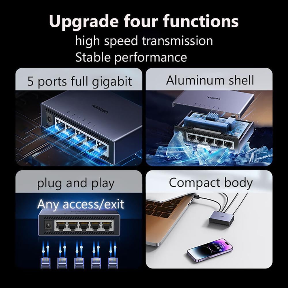 Коммутатор сетевой Ugreen 5-портовый алюминиевый 10 гбит/с Черный (15641EU) - фото 5 Коммутатор сетевой Ugreen 5-портовый алюминиевый 10 гбит/с Черный (15641EU) - фото 5