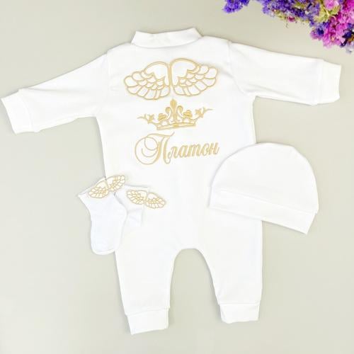 Комплект крестильной одежды для мальчика Family Tradition Крылья из интерлока с вышивкой Белый (50260)