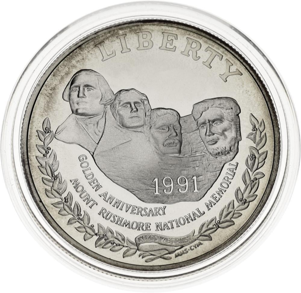 Коллекционная монета США 1 доллар 1991 Серебро S Proof 50 лет Национального мемориала Рашмор (KM#229)
