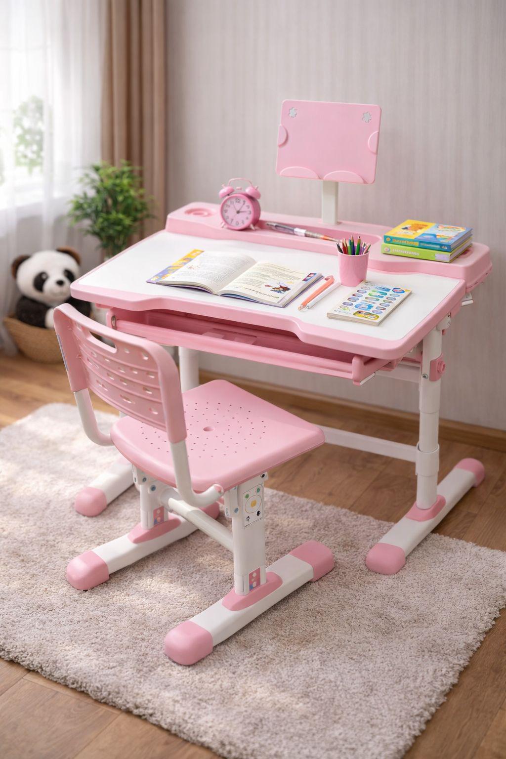 Парта со стульчиком VEN001 с регулировкой высоты наклона и стальным каркасом Розовый (opt-106698)