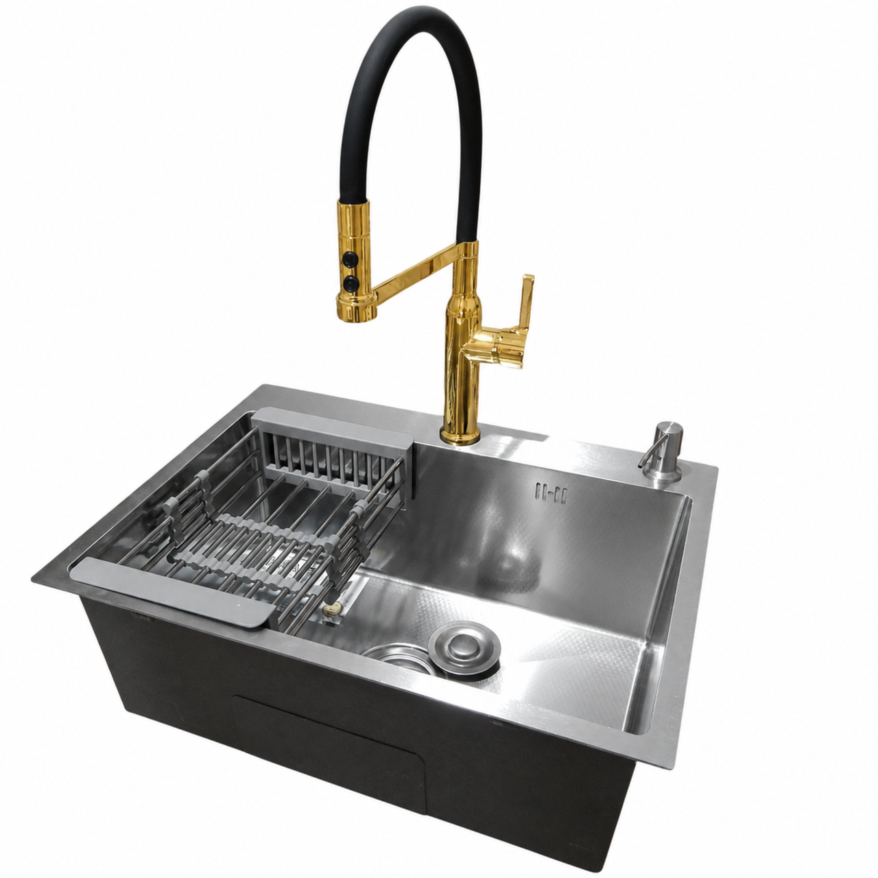 Комплект кухонної мийки Kraft KRF 6045 DECOR 3.0/1.0 мм та Змішувач для кухні з гнучким виливом Plleno Lazio PVD ST4313BLK Золотий (3160723517)