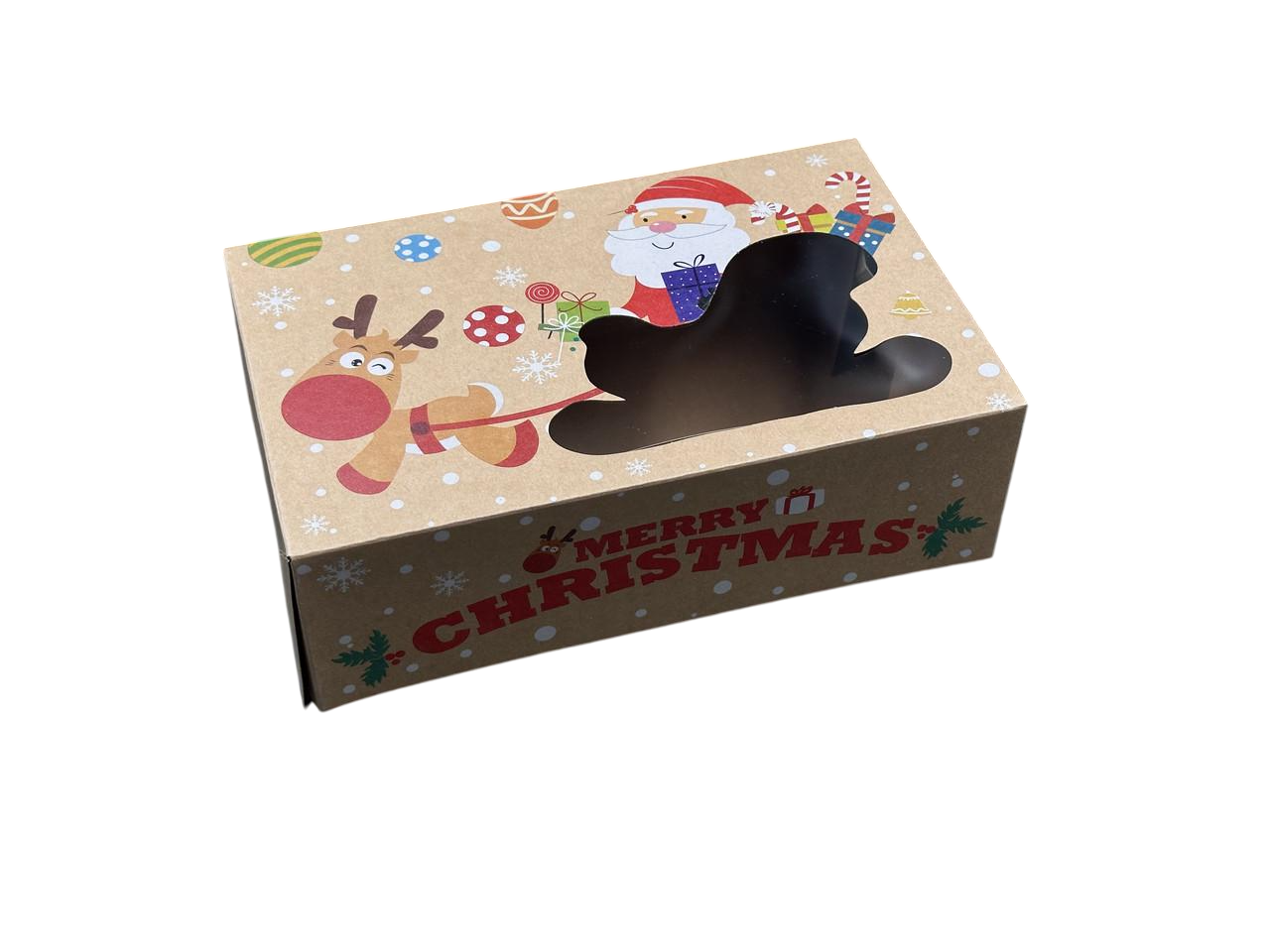 Коробка подарочная со смотровым окошком Сани Санта Клауса с принтом сборная картонная 22х14,5х7 см Крафт (OA-68)